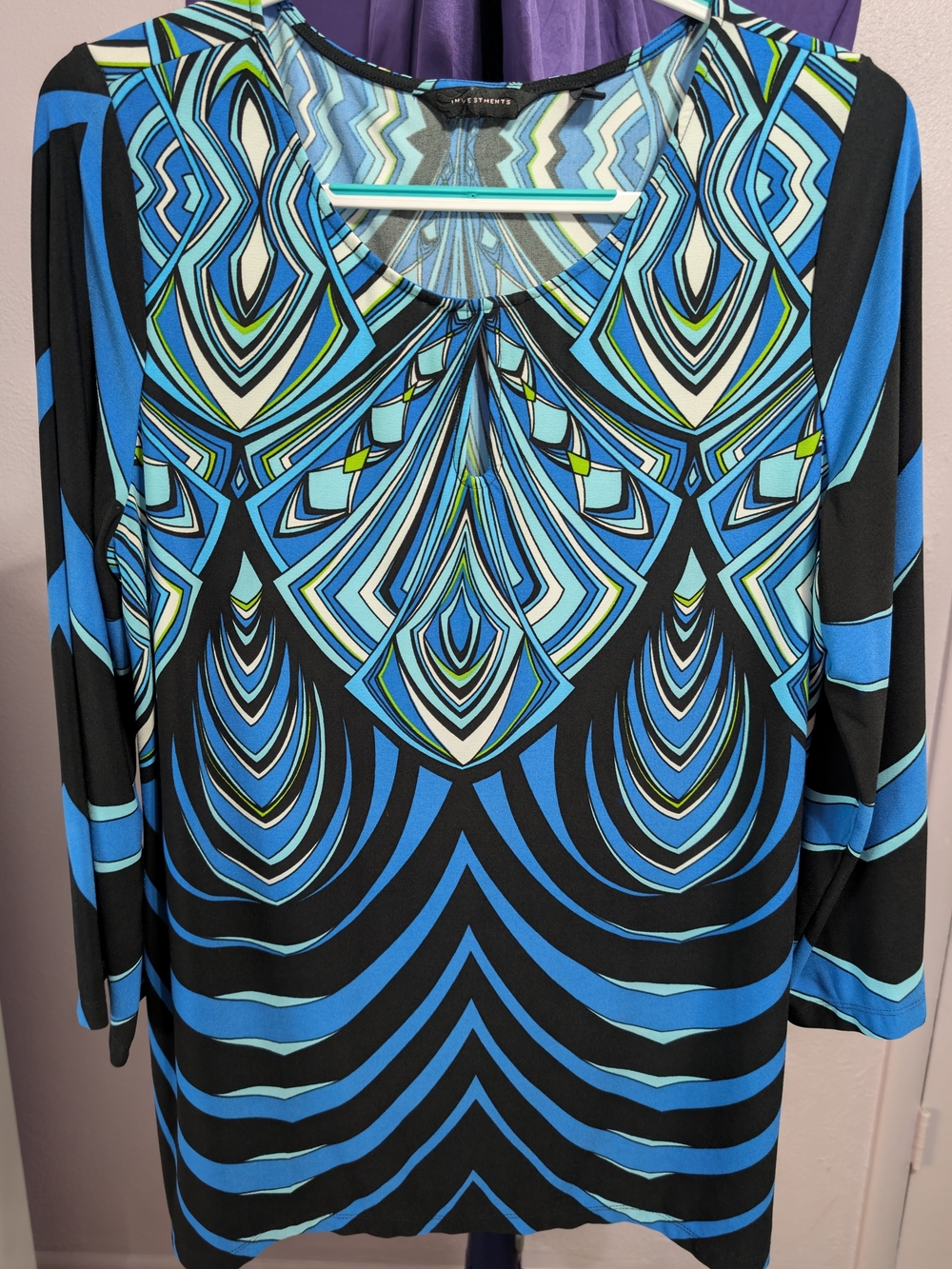 Investments Blue, Black & Green Zigzag Print Top